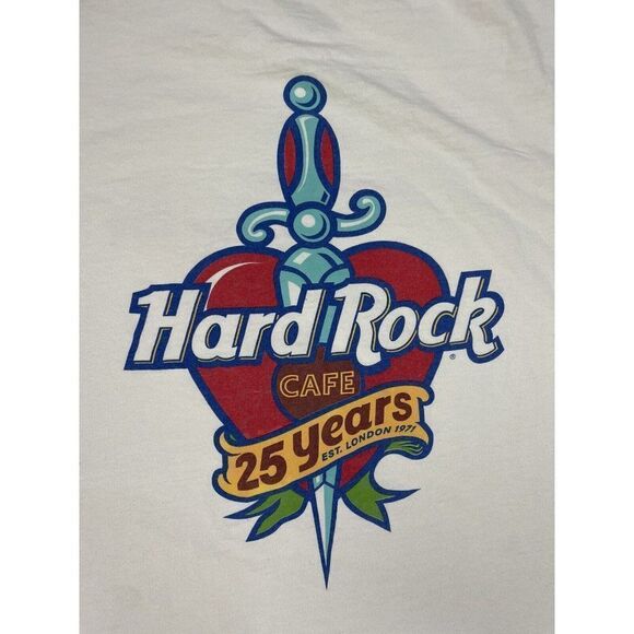 VINTAGE Hard Rock Cafe London 25th Year Anniversary T-shirt Men Large White 90s - Picture 2 of 7